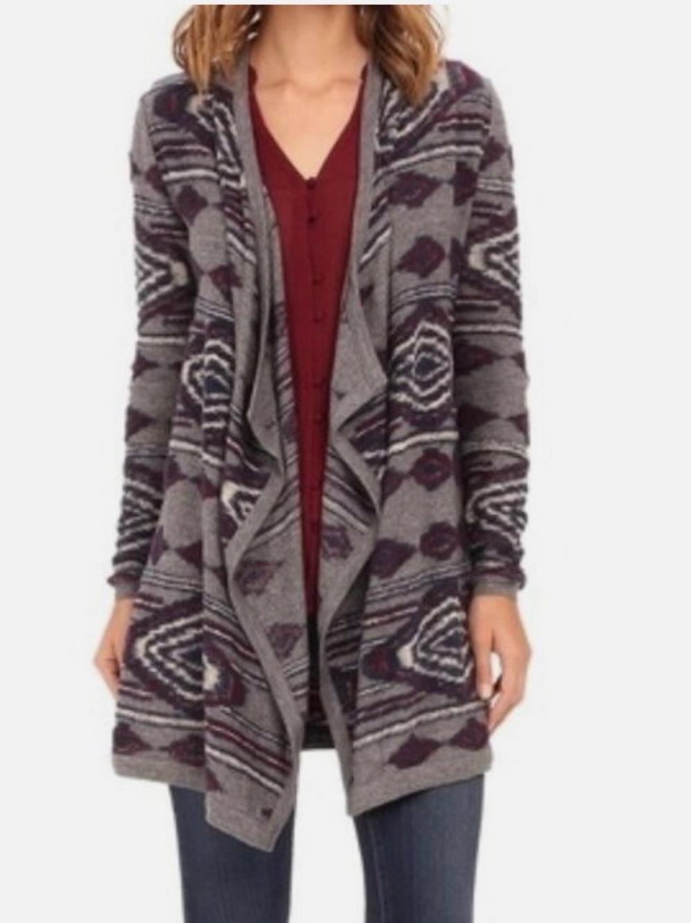 Lucky Brand Gray & Purple Aztec Geometric Open-Front Cardigan